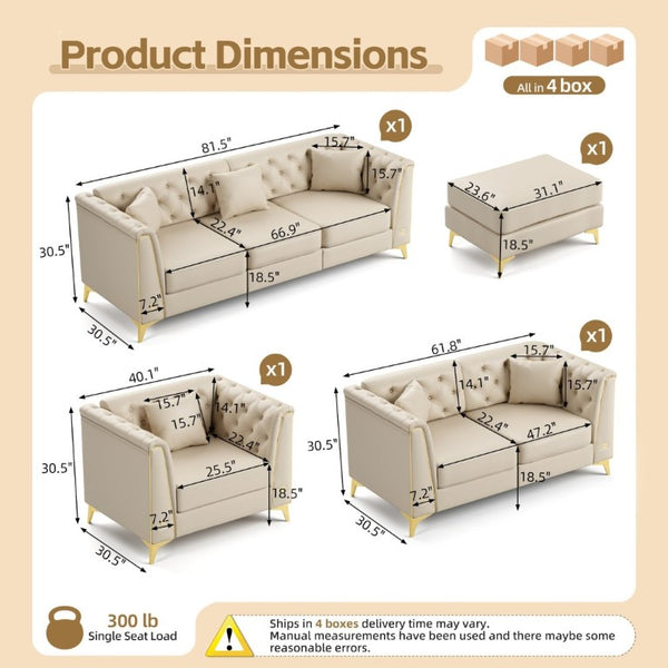 English Elm Light Luxury Modular Chesterfield Faux Leather Sofa with Tufted Cushions and Metal Trim Legs Beige+White W1885S00568