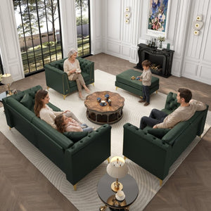 English Elm Light Luxury Modular Chesterfield Faux Leather Sofa with Tufted Cushions and Metal Trim Legs Green W1885S00569