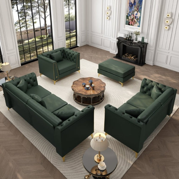 English Elm Light Luxury Modular Chesterfield Faux Leather Sofa with Tufted Cushions and Metal Trim Legs Green W1885S00569