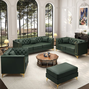 English Elm Light Luxury Modular Chesterfield Faux Leather Sofa with Tufted Cushions and Metal Trim Legs Green W1885S00569