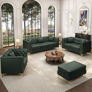 English Elm Light Luxury Modular Chesterfield Faux Leather Sofa with Tufted Cushions and Metal Trim Legs Green W1885S00569