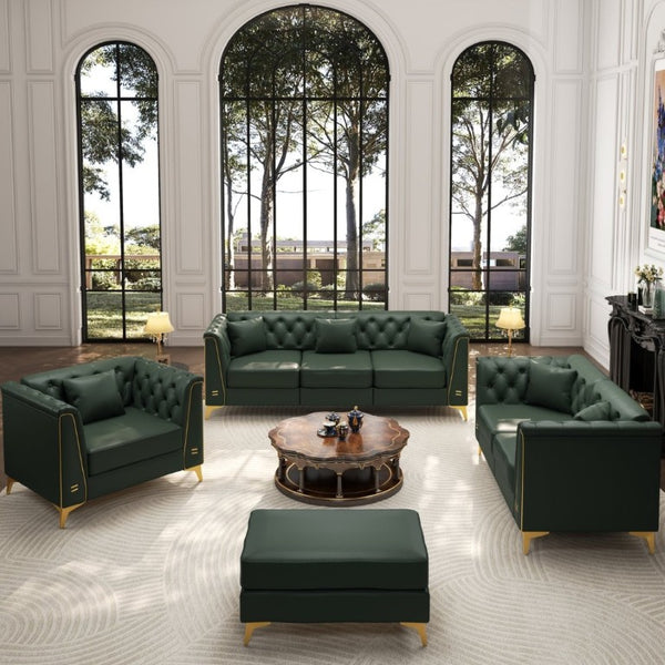 English Elm Light Luxury Modular Chesterfield Faux Leather Sofa with Tufted Cushions and Metal Trim Legs Green W1885S00569