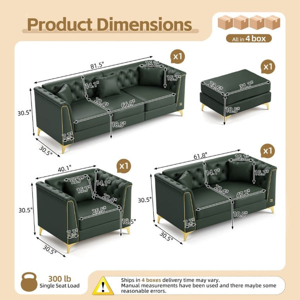 English Elm Light Luxury Modular Chesterfield Faux Leather Sofa with Tufted Cushions and Metal Trim Legs Green W1885S00569