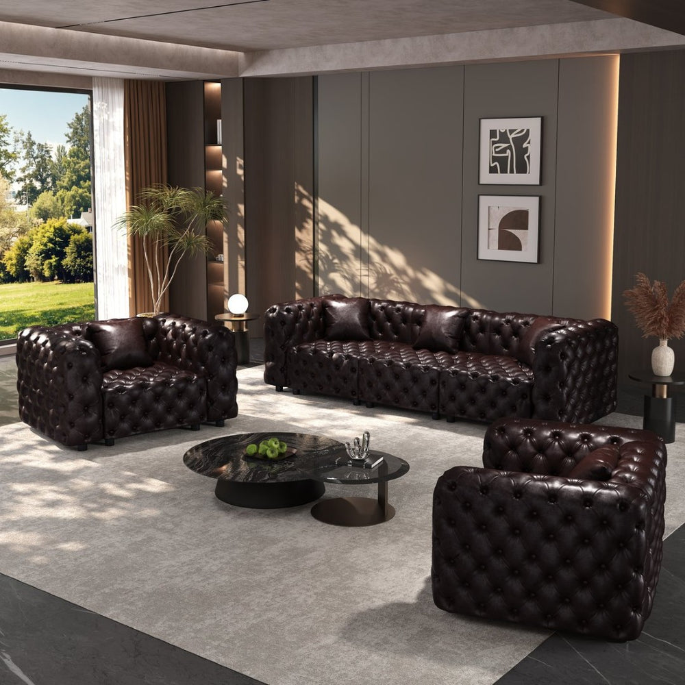 English Elm Modern Faux Leather Modular Sectional Sofa Tufted 5 Seat Living Room Couch Brown W1885S00570