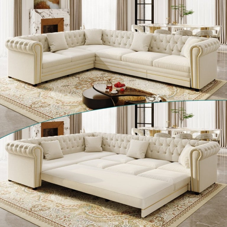 English Elm 115.3 Chesterfield Velvet Sleeper Sectional with Tufted Back Gold Trim Rolled Arms Beige White W1885S00574