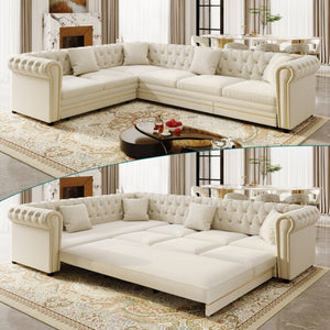 English Elm 115.3 Chesterfield Velvet Sleeper Sectional with Tufted Back Gold Trim Rolled Arms Beige White W1885S00574