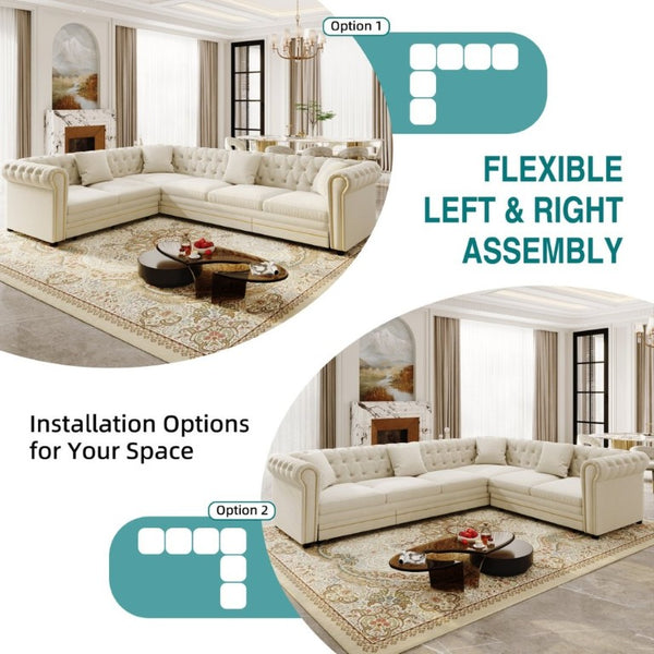 English Elm 115.3 Chesterfield Velvet Sleeper Sectional with Tufted Back Gold Trim Rolled Arms Beige White W1885S00574