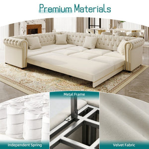 English Elm 115.3 Chesterfield Velvet Sleeper Sectional with Tufted Back Gold Trim Rolled Arms Beige White W1885S00574