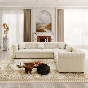 English Elm 115.3 Chesterfield Velvet Sleeper Sectional with Tufted Back Gold Trim Rolled Arms Beige White W1885S00574