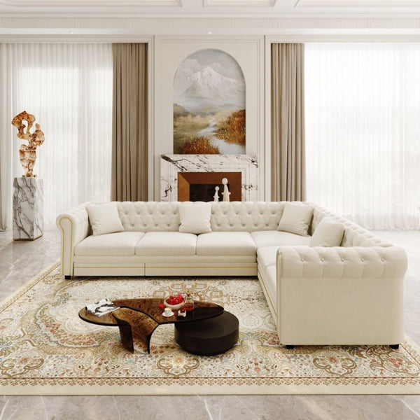 English Elm 115.3 Chesterfield Velvet Sleeper Sectional with Tufted Back Gold Trim Rolled Arms Beige White W1885S00574