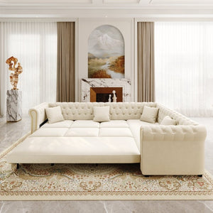 English Elm 115.3 Chesterfield Velvet Sleeper Sectional with Tufted Back Gold Trim Rolled Arms Beige White W1885S00574