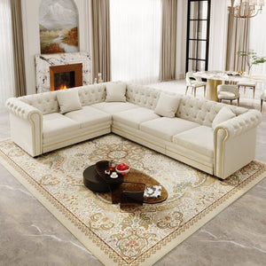 English Elm 115.3 Chesterfield Velvet Sleeper Sectional with Tufted Back Gold Trim Rolled Arms Beige White W1885S00574