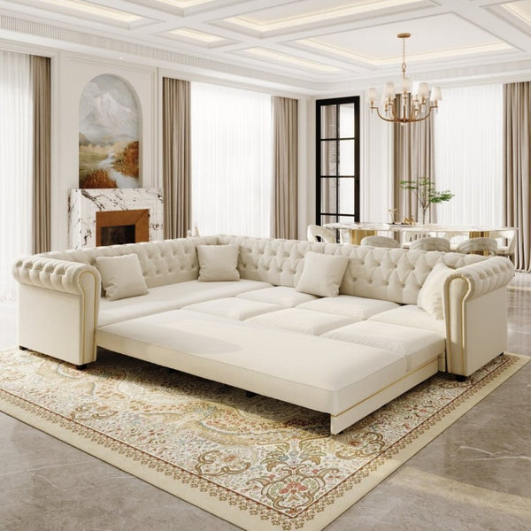 English Elm 115.3 Chesterfield Velvet Sleeper Sectional with Tufted Back Gold Trim Rolled Arms Beige White W1885S00574