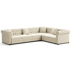 English Elm 115.3 Chesterfield Velvet Sleeper Sectional with Tufted Back Gold Trim Rolled Arms Beige White W1885S00574