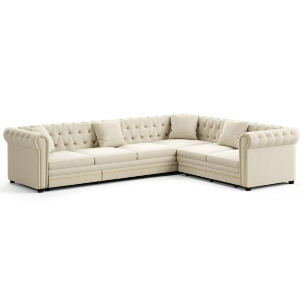 English Elm 115.3 Chesterfield Velvet Sleeper Sectional with Tufted Back Gold Trim Rolled Arms Beige White W1885S00574