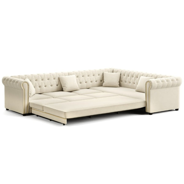English Elm 115.3 Chesterfield Velvet Sleeper Sectional with Tufted Back Gold Trim Rolled Arms Beige White W1885S00574