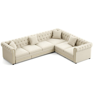 English Elm 115.3 Chesterfield Velvet Sleeper Sectional with Tufted Back Gold Trim Rolled Arms Beige White W1885S00574