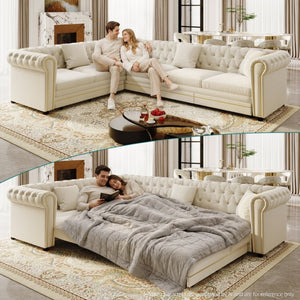 English Elm 115.3 Chesterfield Velvet Sleeper Sectional with Tufted Back Gold Trim Rolled Arms Beige White W1885S00574
