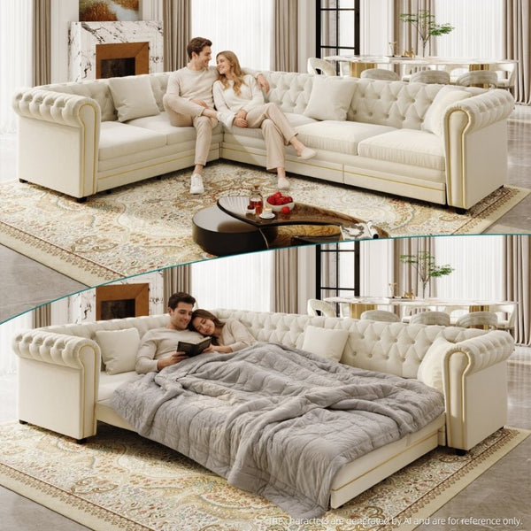 English Elm 115.3 Chesterfield Velvet Sleeper Sectional with Tufted Back Gold Trim Rolled Arms Beige White W1885S00574