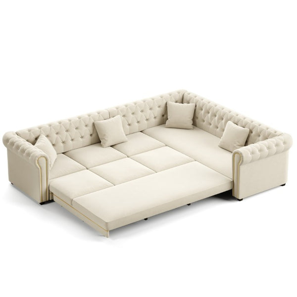 English Elm 115.3 Chesterfield Velvet Sleeper Sectional with Tufted Back Gold Trim Rolled Arms Beige White W1885S00574