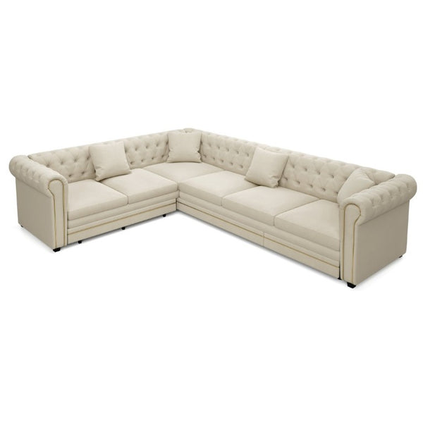 English Elm 115.3 Chesterfield Velvet Sleeper Sectional with Tufted Back Gold Trim Rolled Arms Beige White W1885S00574