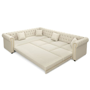 English Elm 115.3 Chesterfield Velvet Sleeper Sectional with Tufted Back Gold Trim Rolled Arms Beige White W1885S00574