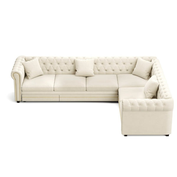 English Elm 115.3 Chesterfield Velvet Sleeper Sectional with Tufted Back Gold Trim Rolled Arms Beige White W1885S00574