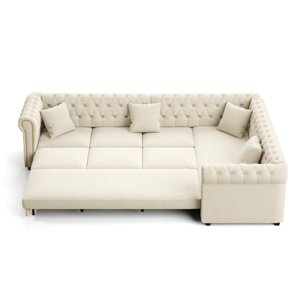 English Elm 115.3 Chesterfield Velvet Sleeper Sectional with Tufted Back Gold Trim Rolled Arms Beige White W1885S00574