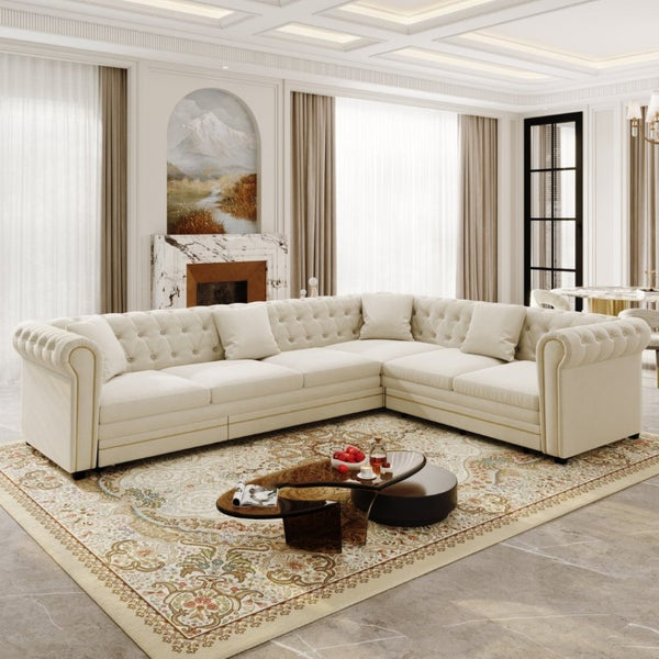 English Elm 115.3 Chesterfield Velvet Sleeper Sectional with Tufted Back Gold Trim Rolled Arms Beige White W1885S00574