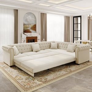 English Elm 115.3 Chesterfield Velvet Sleeper Sectional with Tufted Back Gold Trim Rolled Arms Beige White W1885S00574