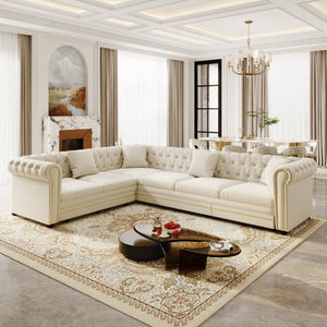 English Elm 115.3 Chesterfield Velvet Sleeper Sectional with Tufted Back Gold Trim Rolled Arms Beige White W1885S00574