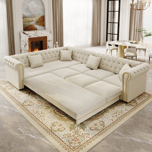 English Elm 115.3 Chesterfield Velvet Sleeper Sectional with Tufted Back Gold Trim Rolled Arms Beige White W1885S00574