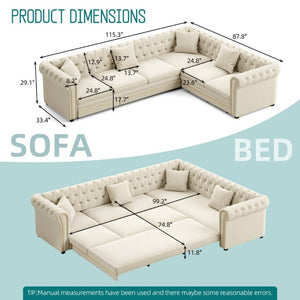 English Elm 115.3 Chesterfield Velvet Sleeper Sectional with Tufted Back Gold Trim Rolled Arms Beige White W1885S00574