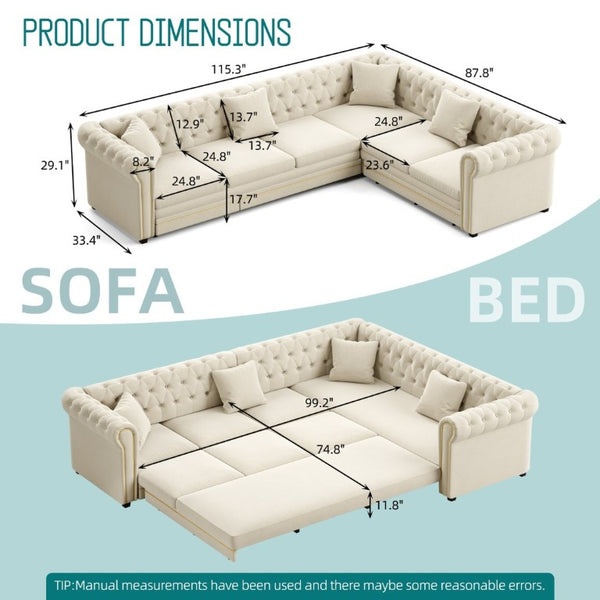 English Elm 115.3 Chesterfield Velvet Sleeper Sectional with Tufted Back Gold Trim Rolled Arms Beige White W1885S00574