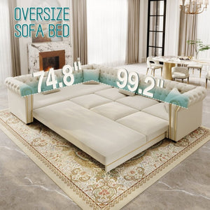 English Elm 115.3 Chesterfield Velvet Sleeper Sectional with Tufted Back Gold Trim Rolled Arms Beige White W1885S00574