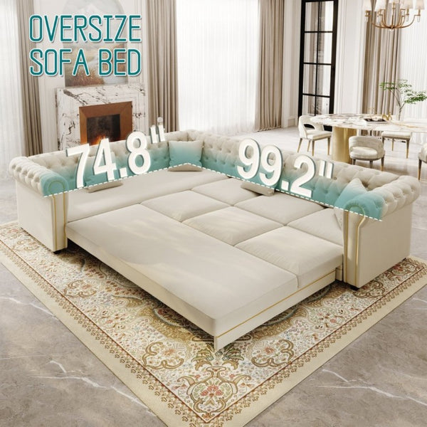 English Elm 115.3 Chesterfield Velvet Sleeper Sectional with Tufted Back Gold Trim Rolled Arms Beige White W1885S00574
