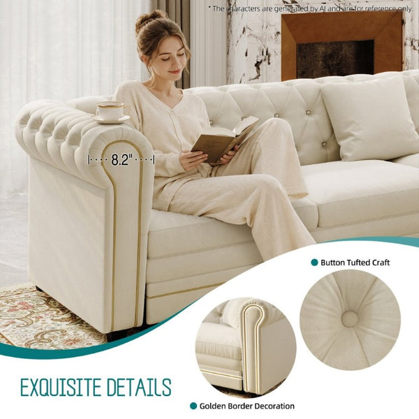 English Elm 115.3 Chesterfield Velvet Sleeper Sectional with Tufted Back Gold Trim Rolled Arms Beige White W1885S00574