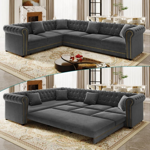 English Elm 115.3 Chesterfield Velvet Sleeper Sectional with Tufted Back Gold Trim Rolled Arms Grey W1885S00575