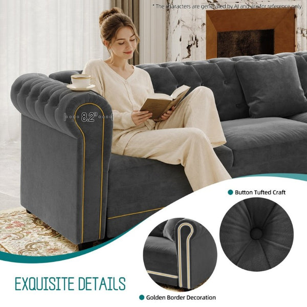 English Elm 115.3 Chesterfield Velvet Sleeper Sectional with Tufted Back Gold Trim Rolled Arms Grey W1885S00575