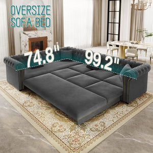 English Elm 115.3 Chesterfield Velvet Sleeper Sectional with Tufted Back Gold Trim Rolled Arms Grey W1885S00575