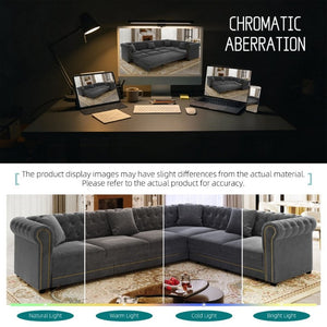 English Elm 115.3 Chesterfield Velvet Sleeper Sectional with Tufted Back Gold Trim Rolled Arms Grey W1885S00575