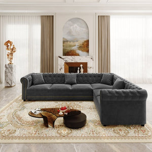 English Elm 115.3 Chesterfield Velvet Sleeper Sectional with Tufted Back Gold Trim Rolled Arms Grey W1885S00575