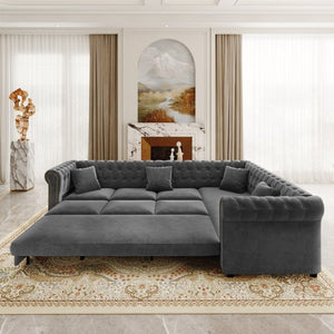 English Elm 115.3 Chesterfield Velvet Sleeper Sectional with Tufted Back Gold Trim Rolled Arms Grey W1885S00575