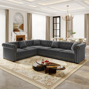 English Elm 115.3 Chesterfield Velvet Sleeper Sectional with Tufted Back Gold Trim Rolled Arms Grey W1885S00575