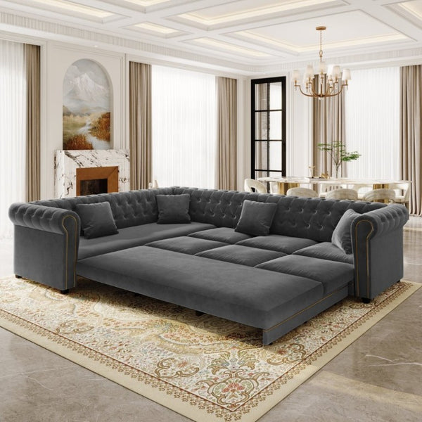 English Elm 115.3 Chesterfield Velvet Sleeper Sectional with Tufted Back Gold Trim Rolled Arms Grey W1885S00575