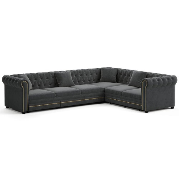 English Elm 115.3 Chesterfield Velvet Sleeper Sectional with Tufted Back Gold Trim Rolled Arms Grey W1885S00575