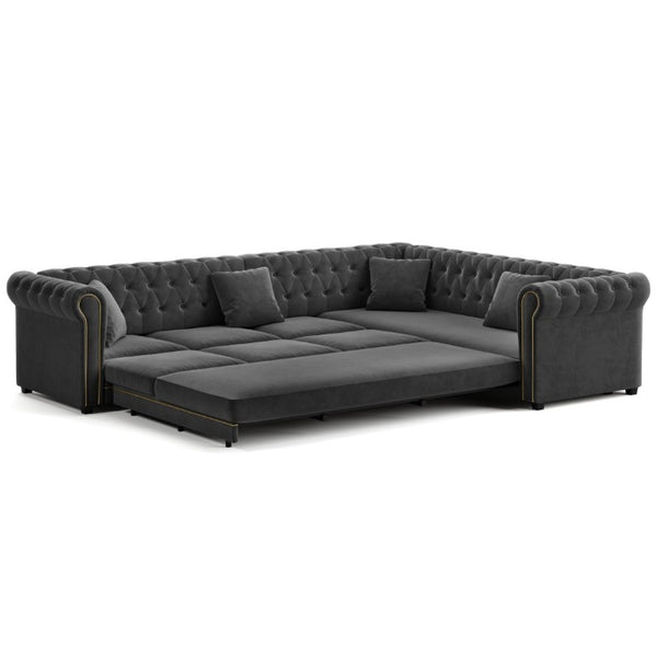 English Elm 115.3 Chesterfield Velvet Sleeper Sectional with Tufted Back Gold Trim Rolled Arms Grey W1885S00575