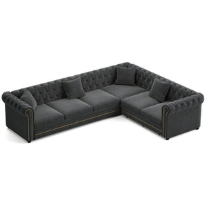 English Elm 115.3 Chesterfield Velvet Sleeper Sectional with Tufted Back Gold Trim Rolled Arms Grey W1885S00575