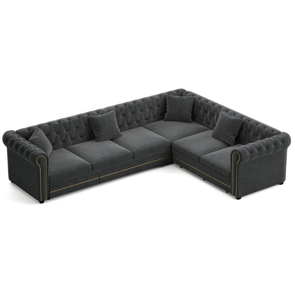 English Elm 115.3 Chesterfield Velvet Sleeper Sectional with Tufted Back Gold Trim Rolled Arms Grey W1885S00575