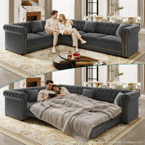 English Elm 115.3 Chesterfield Velvet Sleeper Sectional with Tufted Back Gold Trim Rolled Arms Grey W1885S00575